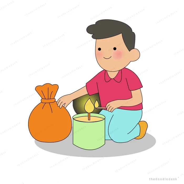 Man kneeling to place a lit candle into a container beside a sack