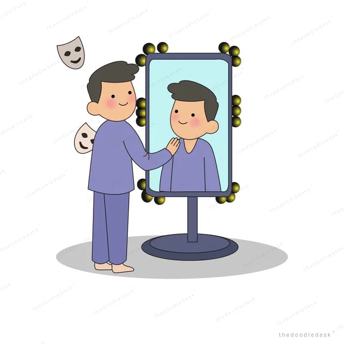 Man holding theatre masks at a lit dressing mirror showing a smiling reflection