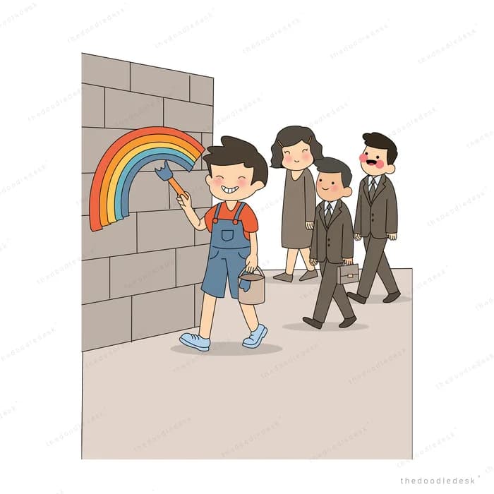 Boy painting a rainbow on a grey brick wall while grey adults walk past