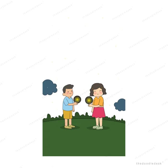 Boy and girl standing on a green hill each holding a dark orb