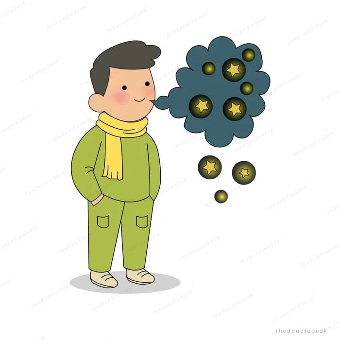 Man in a scarf breathing out a dark cloud that sparks and drops small orbs