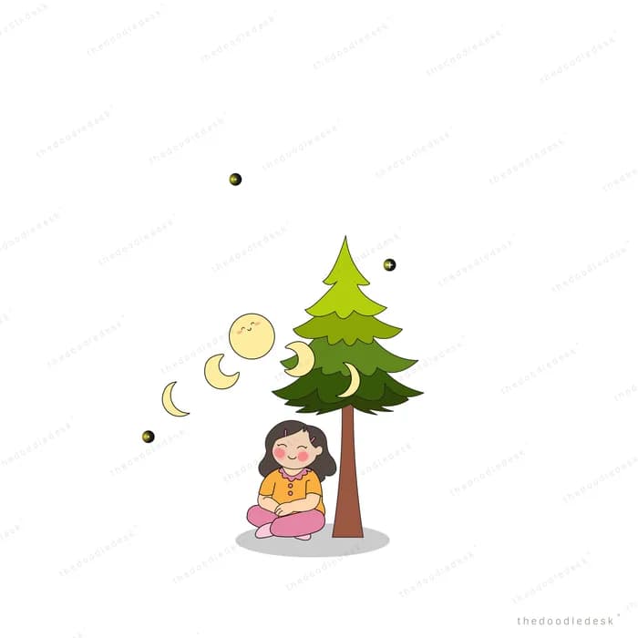 Girl sitting under a pine tree at night cradling a glowing lantern