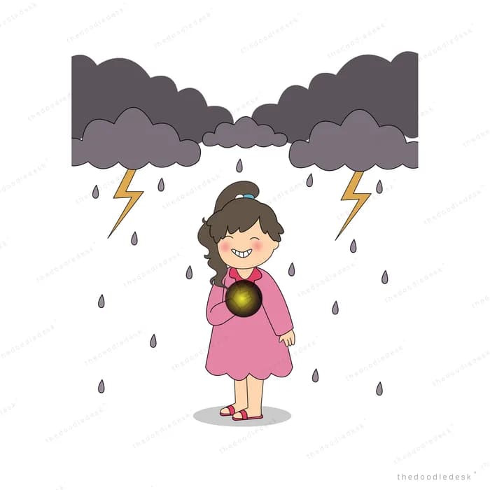 Girl clutching a glowing orb under storm clouds with lightning and rain
