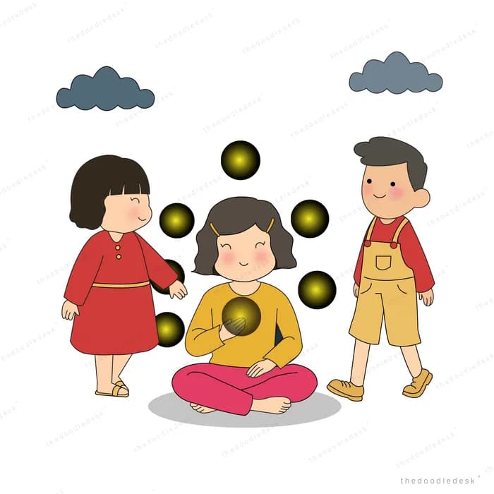 Girl sitting with a glowing orb while two children reach for dark orbs around her