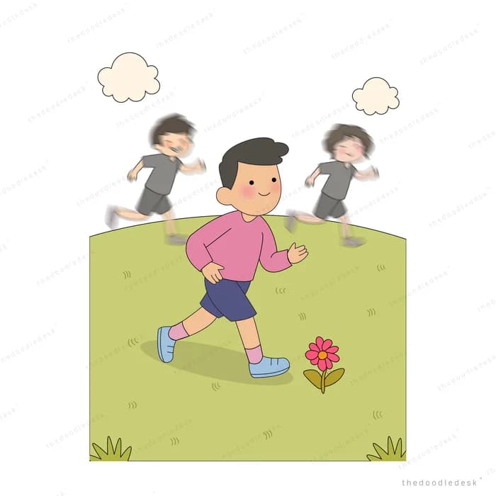 Woman running across a green hill while grey figures chase behind her