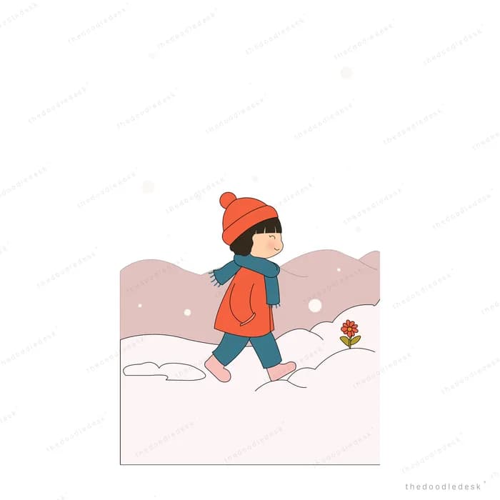 Boy in a red coat and hat walking across a snowy pink field
