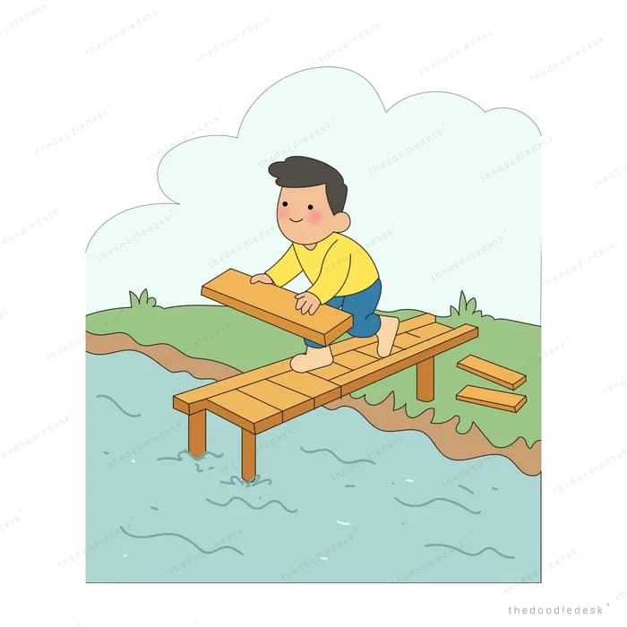 Man kneeling on a wooden jetty laying planks to extend it over the water