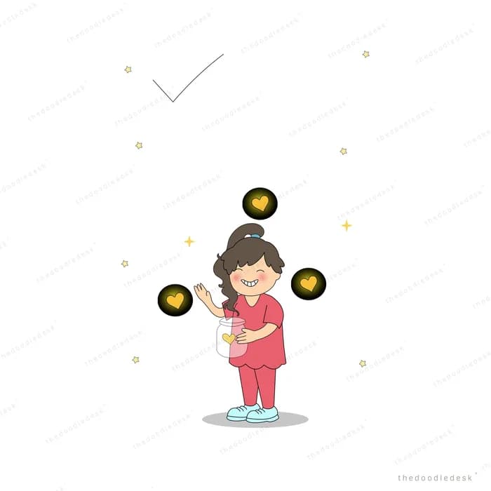 Girl in pink holding a jar while glowing heart orbs float around her