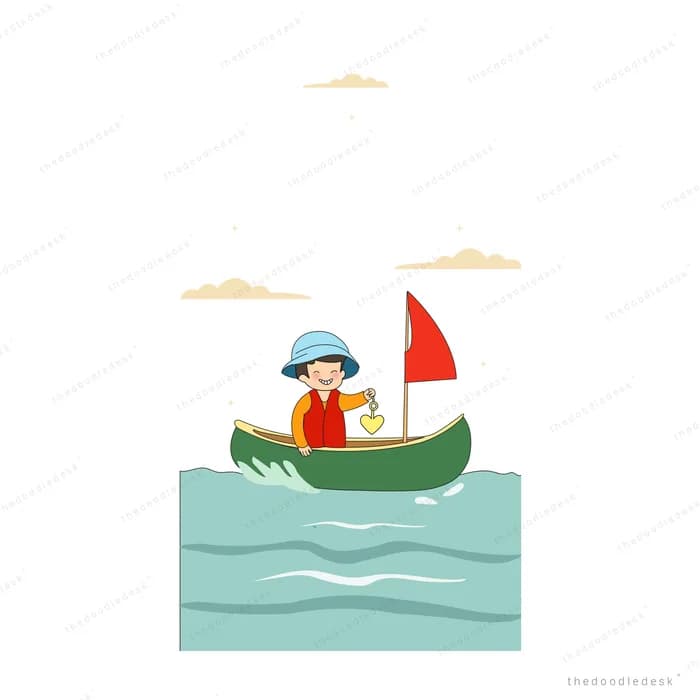 Boy in a sun hat rowing a green boat with a red sail across the sea
