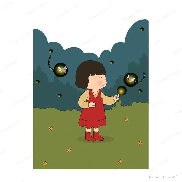 Girl in a red dress catching fireflies on a dark green field at night
