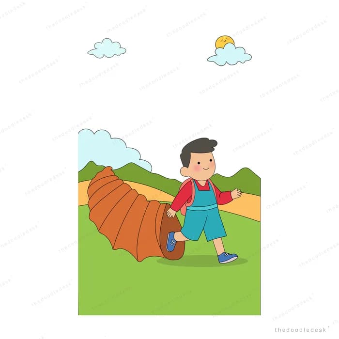 Boy walking on grass beside a long unrolled orange carpet