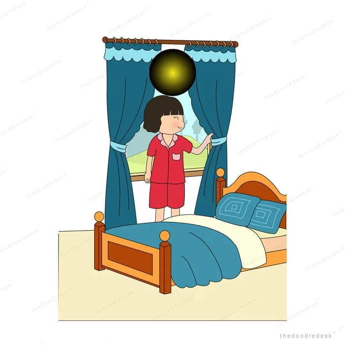 Girl in a red robe opening blue curtains beside her bed to morning sun