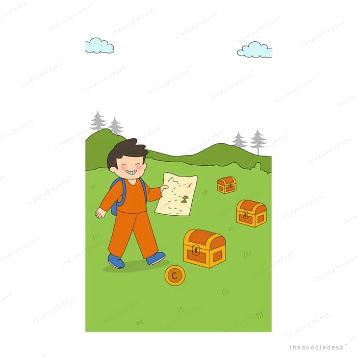 Boy in orange overalls walking with a treasure map past open treasure chests