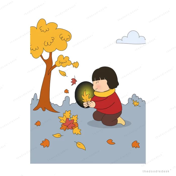 Girl crouching on a path to gather falling autumn leaves under a yellow tree
