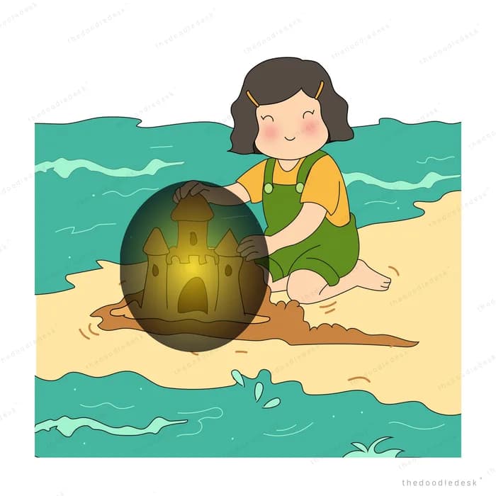Girl building a sandcastle at the water's edge with a bucket