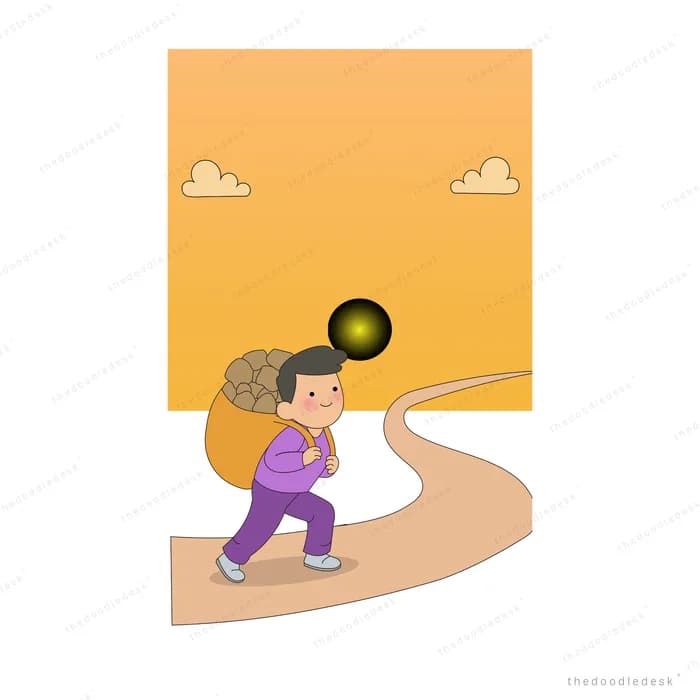 Girl carrying a heavy sack and a lantern along a smooth winding path
