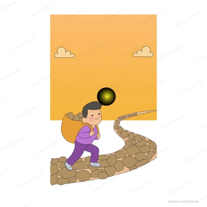 Girl carrying a heavy sack and a lantern up a rough rocky path