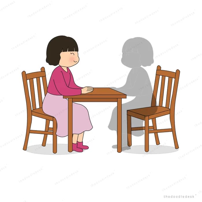Woman at a small table sitting opposite a grey shadow figure in the other chair