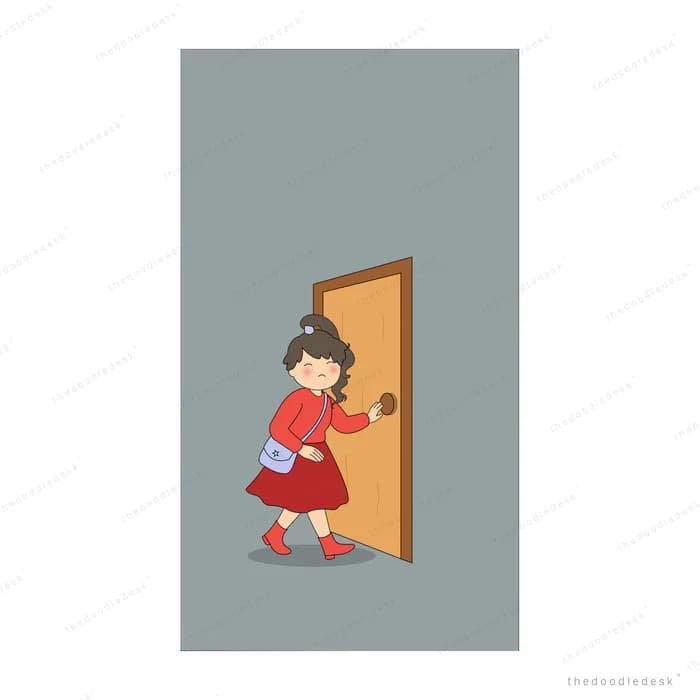 Girl in a red dress pushing open a wooden door in a grey wall