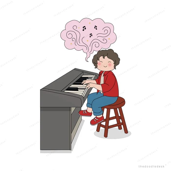 Girl playing an electric keyboard with a tangled pink brain floating above her