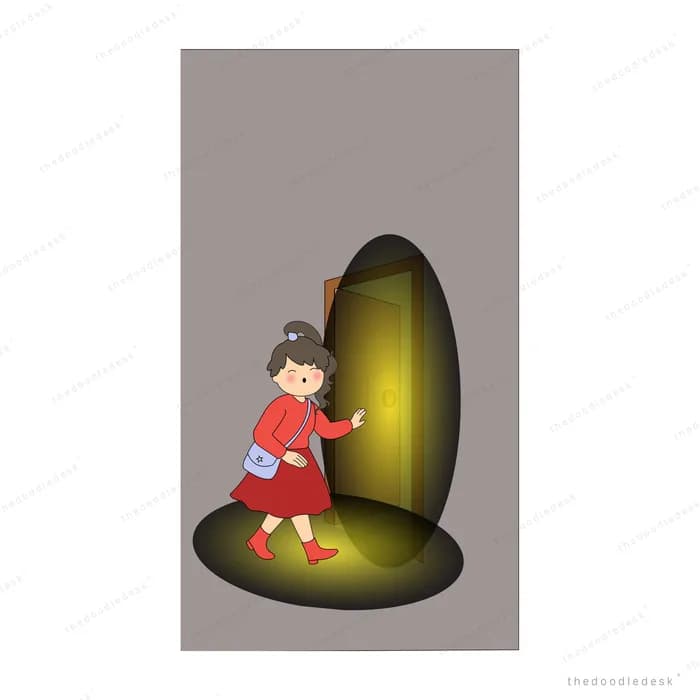 Girl in red pulling open a glowing door set in a grey wall