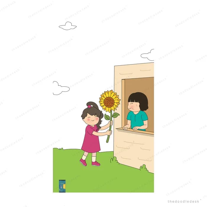 Girl handing a sunflower through a window to a boy inside