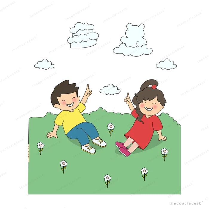 Boy and girl sitting on the grass blowing dandelion seeds into the air