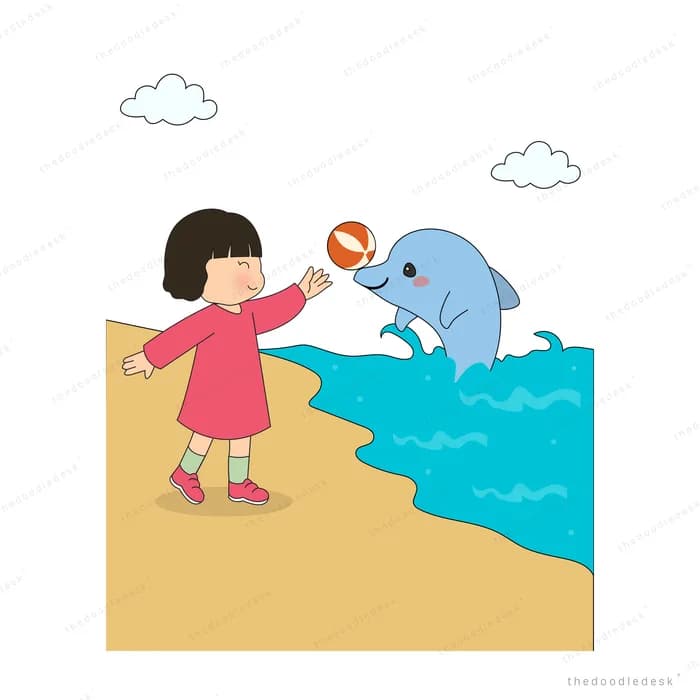 Girl and boy tossing a ball at the water's edge on a sandy slope