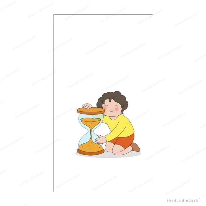 Boy kneeling to watch the sand run through a large hourglass