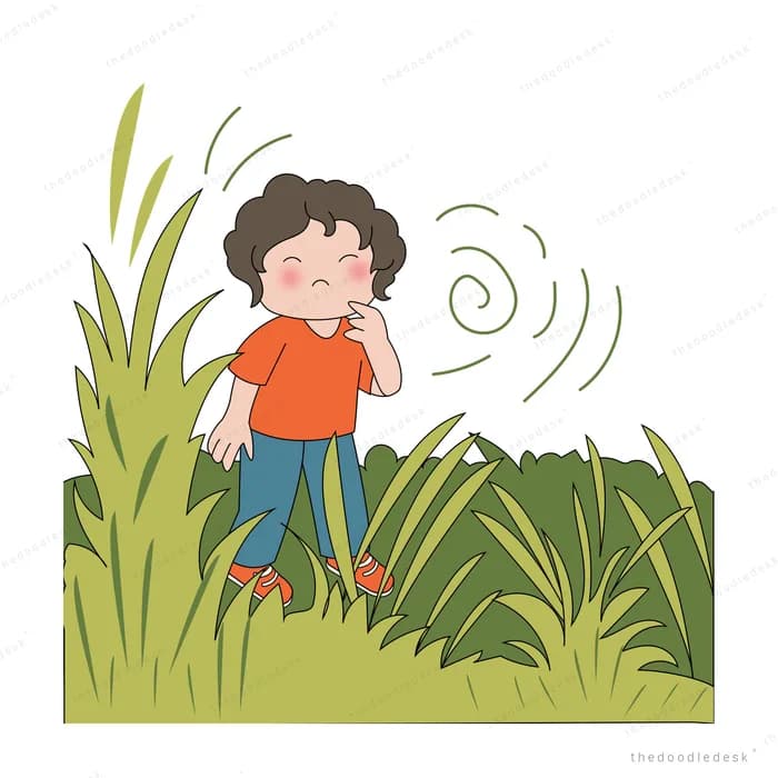 Boy standing lost in tall grass with a confused spiral over his head