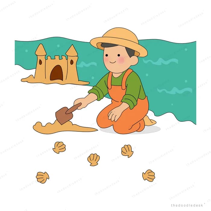Boy in a straw hat digging along the shoreline with a spade among scattered shells