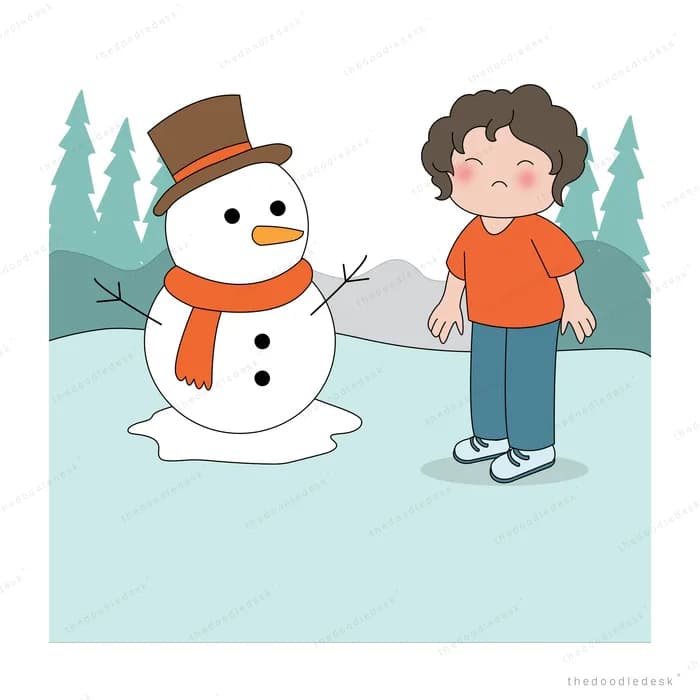 Boy raising his arms beside a snowman in a top hat and scarf