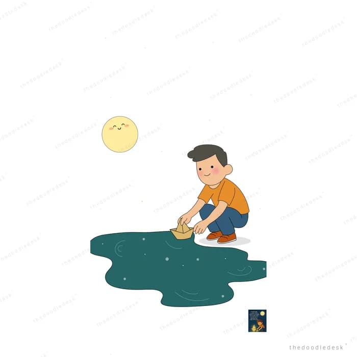 Boy crouching to drop a seed into a dark puddle under a small sun