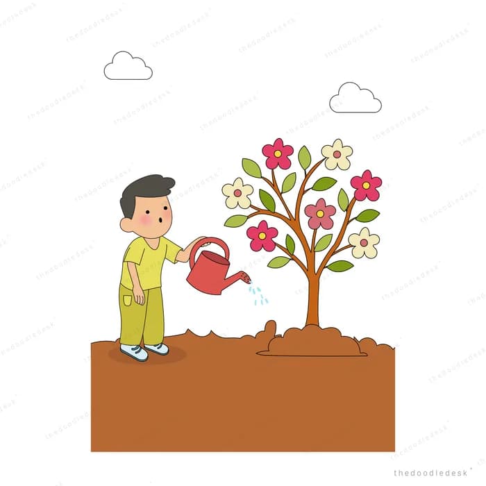 Man watering a tree now in full pink blossom with butterflies around it