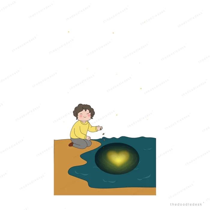 Boy sitting on a ledge above a dark pool holding a glowing golden heart