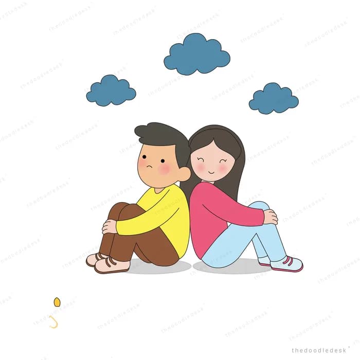 Boy and girl sitting back to back on the ground under blue clouds