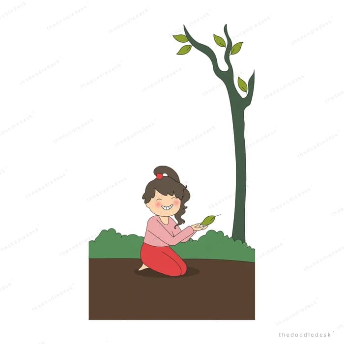 Girl kneeling in a soil bed beside a bare young tree