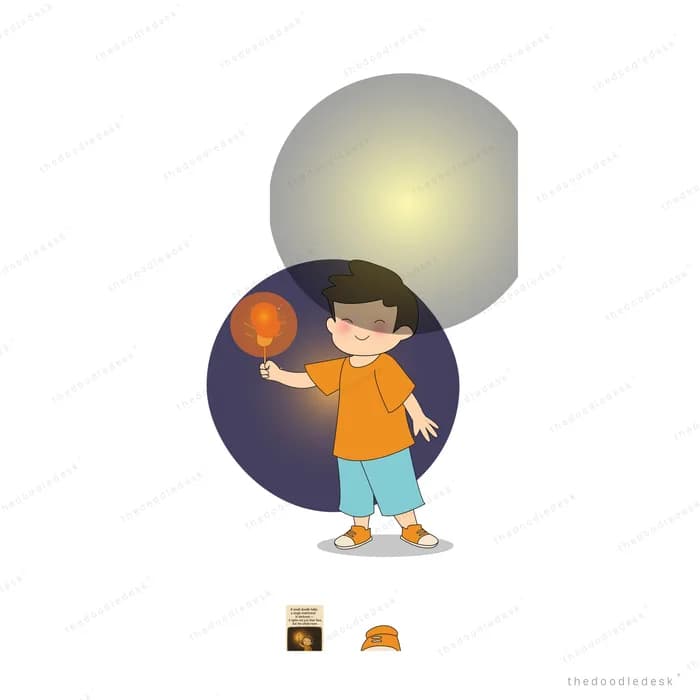 Boy holding a candle inside a dark circle with a large pale moon behind him
