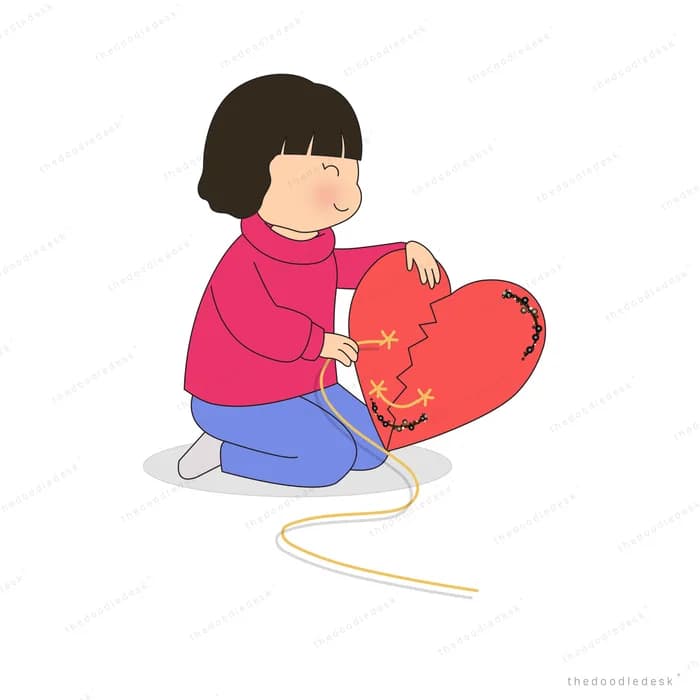 Girl kneeling to stitch a large cracked red heart back together