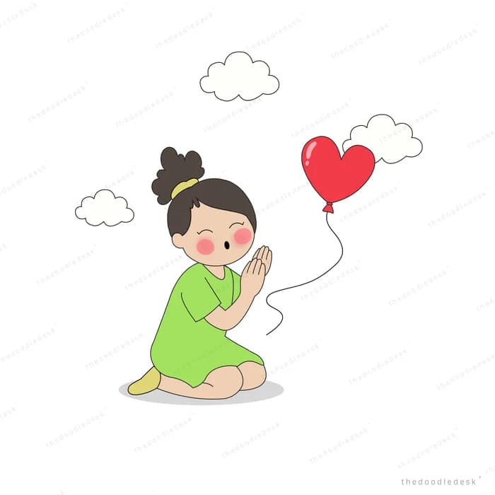 Girl kneeling and reaching after a red heart balloon drifting away