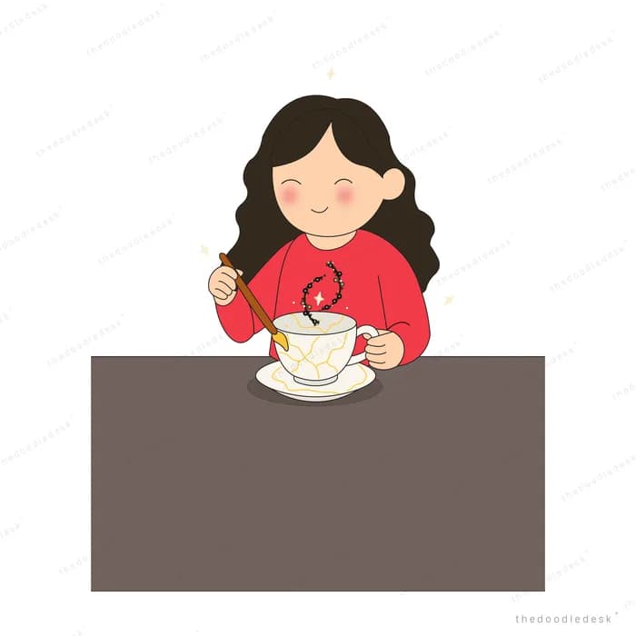 Woman sipping from a teacup at a dark table