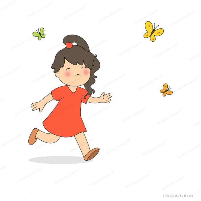 Girl in a red dress running after yellow butterflies