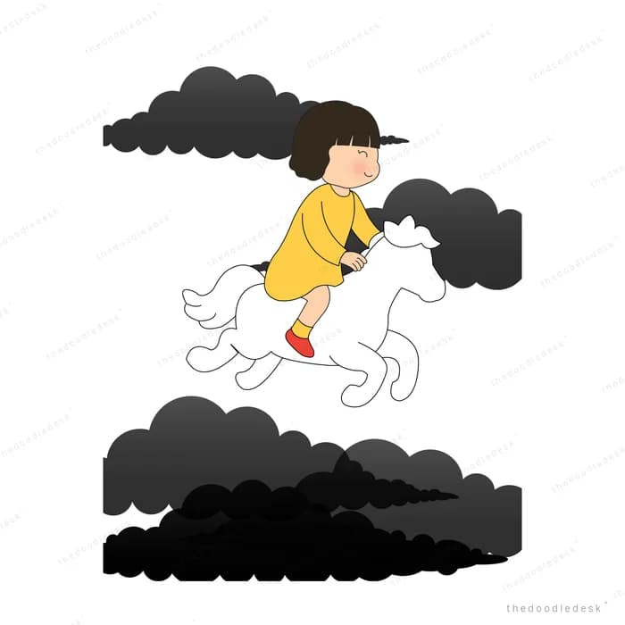 Girl riding a white horse across black silhouetted mountains