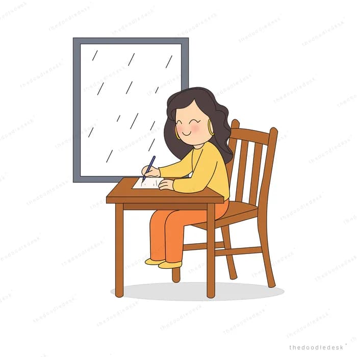 Woman writing at a wooden desk beside a window streaked with rain