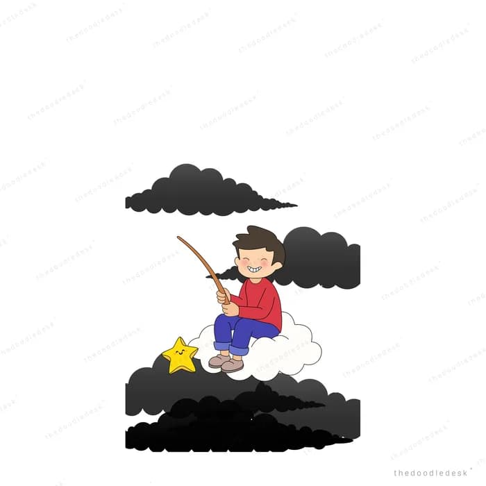 Boy sitting on a black cliff edge fishing with a long rod