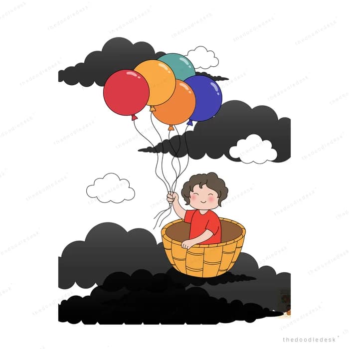 Boy riding a wicker basket lifted by coloured balloons over black mountains