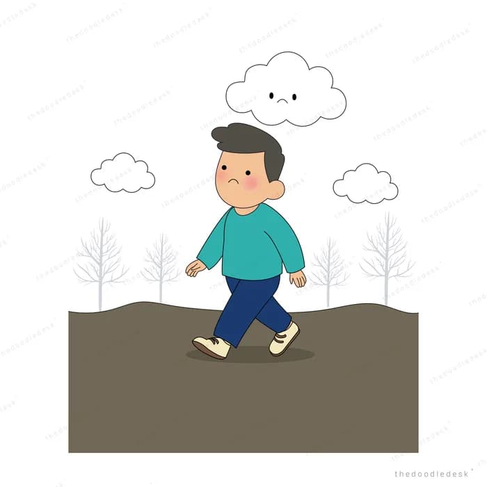 Man walking across a bare brown field under a small cloud