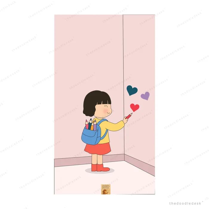 Girl sticking a small heart onto the wall of a pink corner room
