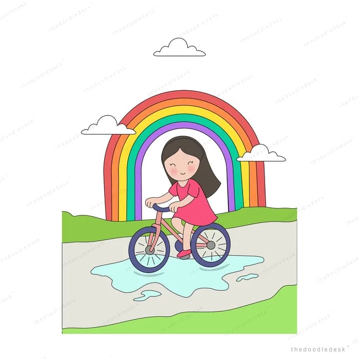 Girl riding a bicycle along a path under a rainbow