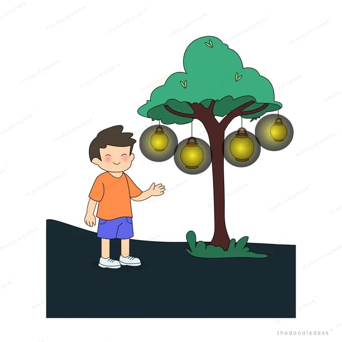 Boy on a dark bank looking up at a tree hung with glowing lanterns